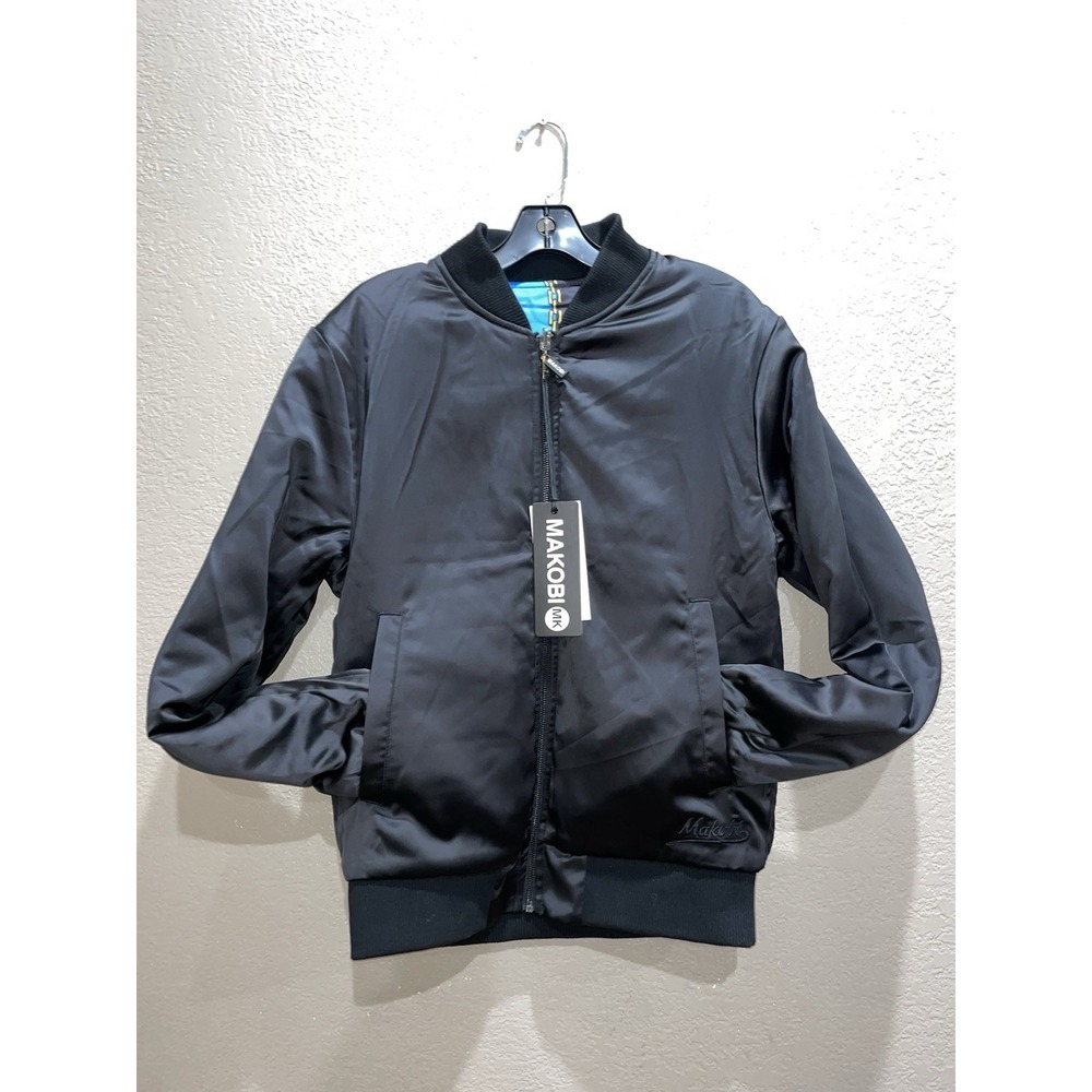 Makobi Reversible Baroque‎ Bomber Jacket L Black Blue Gold Chain Print NWT
